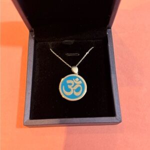 Om Symbol Pendant Necklace, Sterling Silver with Blue Enamel, Spiritual Jewelry